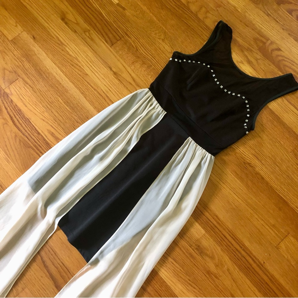 aniina Black Mesh Mini Dress Cream Draped Sides and Crystal Bust Detail Small